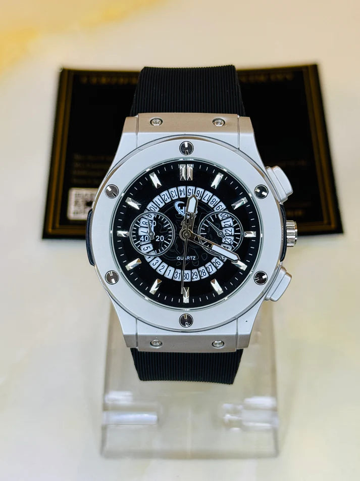 Black Silver Hub Silicone Strap Watch