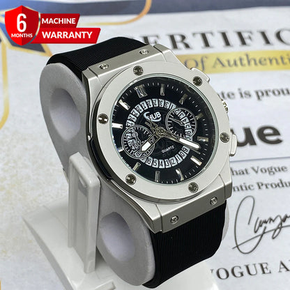 Black Silver Hub Silicone Strap Watch
