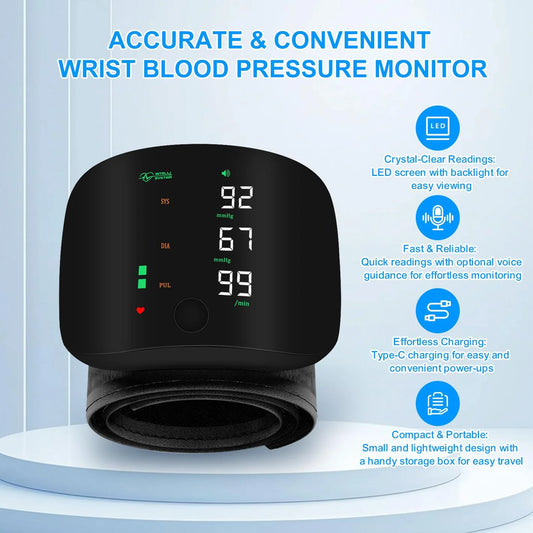 Rechargeable Wrist Blood Pressure Monitor – Digital BP Machine with Large LED Display & Voice Broadcast